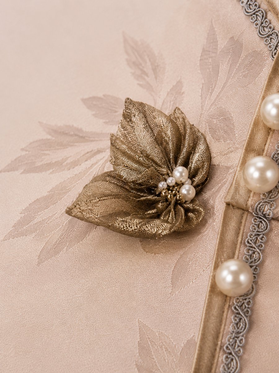 Hand-made silk flower and pearl detail in the atelier